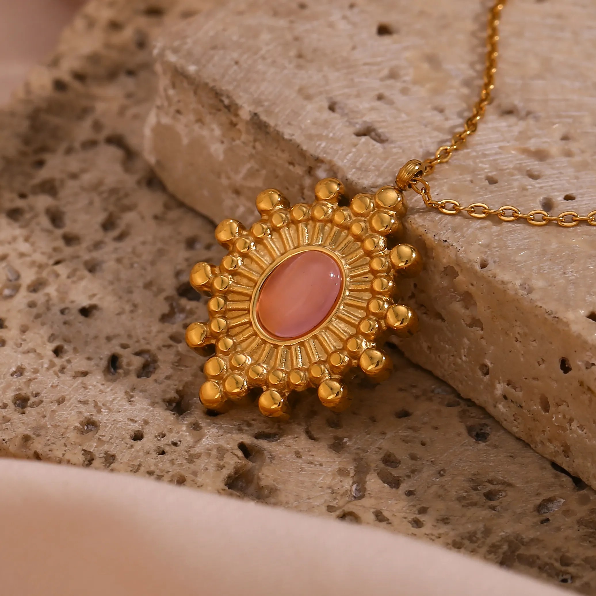 Vintage Style Oval Stainless Steel Plating Inlay Natural Stone 18K Gold Plated Pendant Necklace_colorza_4