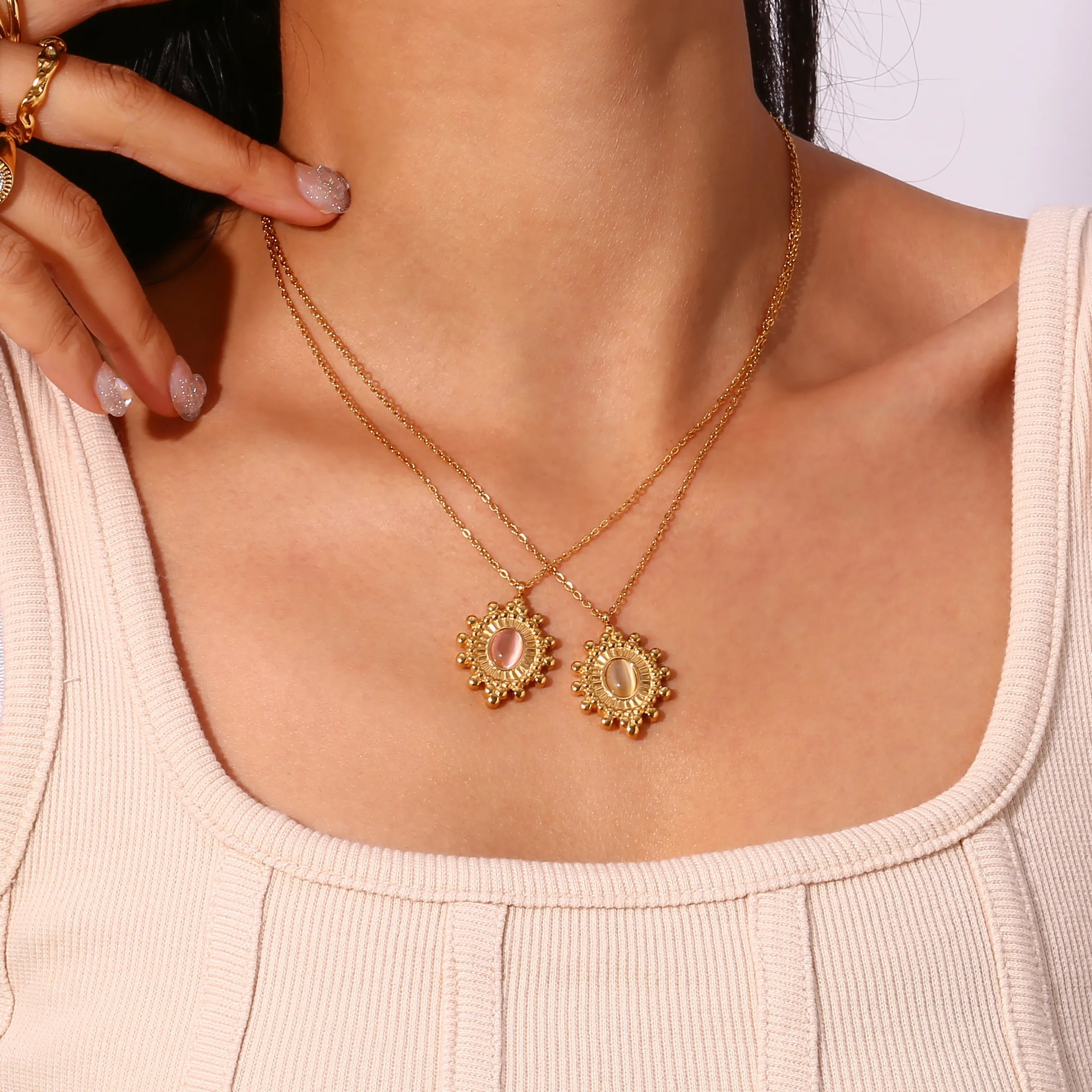 Vintage Style Oval Stainless Steel Plating Inlay Natural Stone 18K Gold Plated Pendant Necklace_colorza_6
