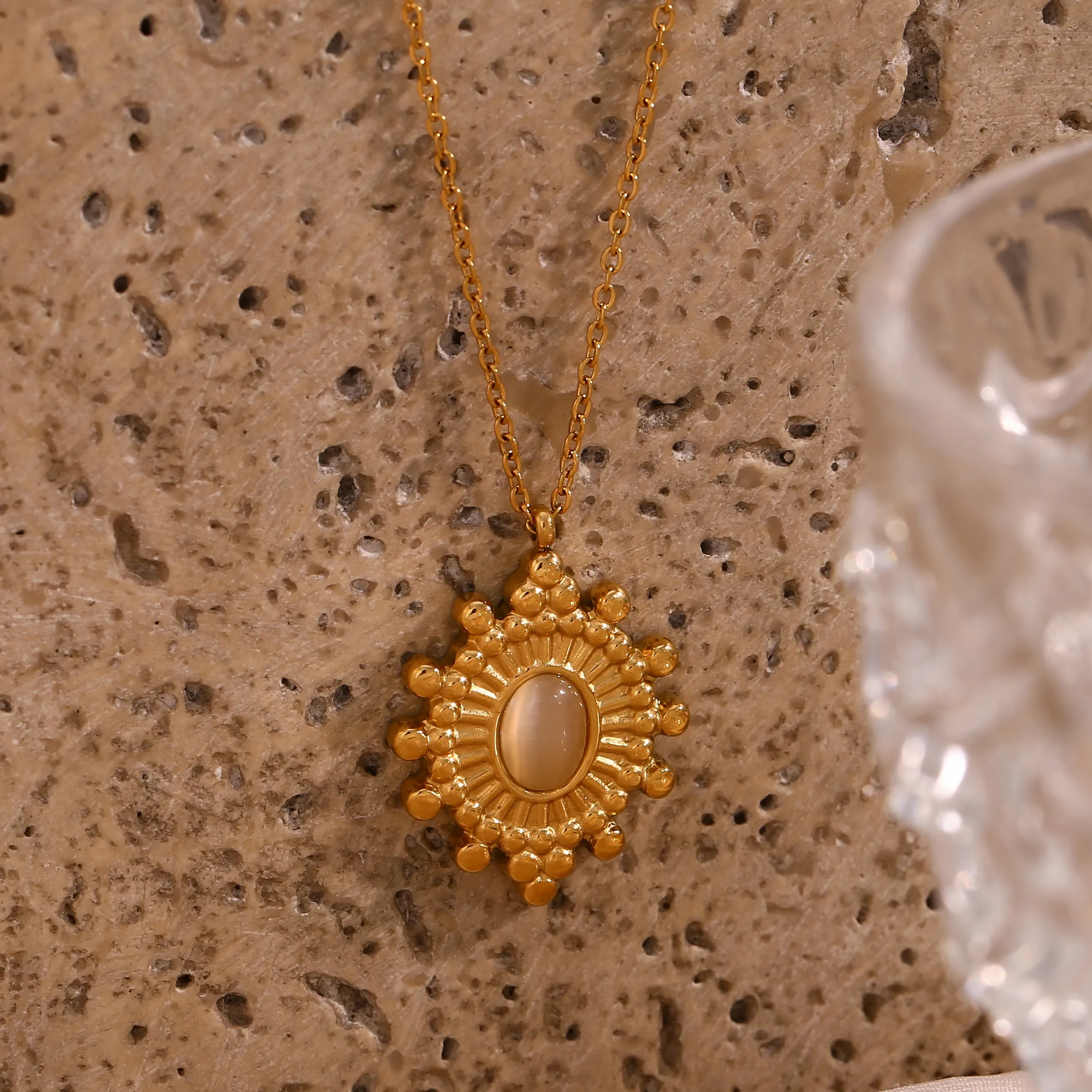 Vintage Style Oval Stainless Steel Plating Inlay Natural Stone 18K Gold Plated Pendant Necklace_colorza_7