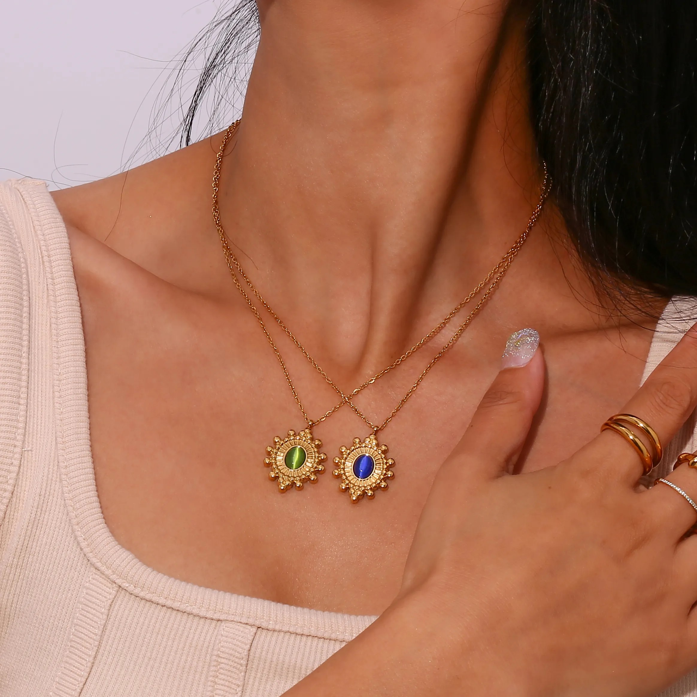Vintage Style Oval Stainless Steel Plating Inlay Natural Stone 18K Gold Plated Pendant Necklace_colorza_9
