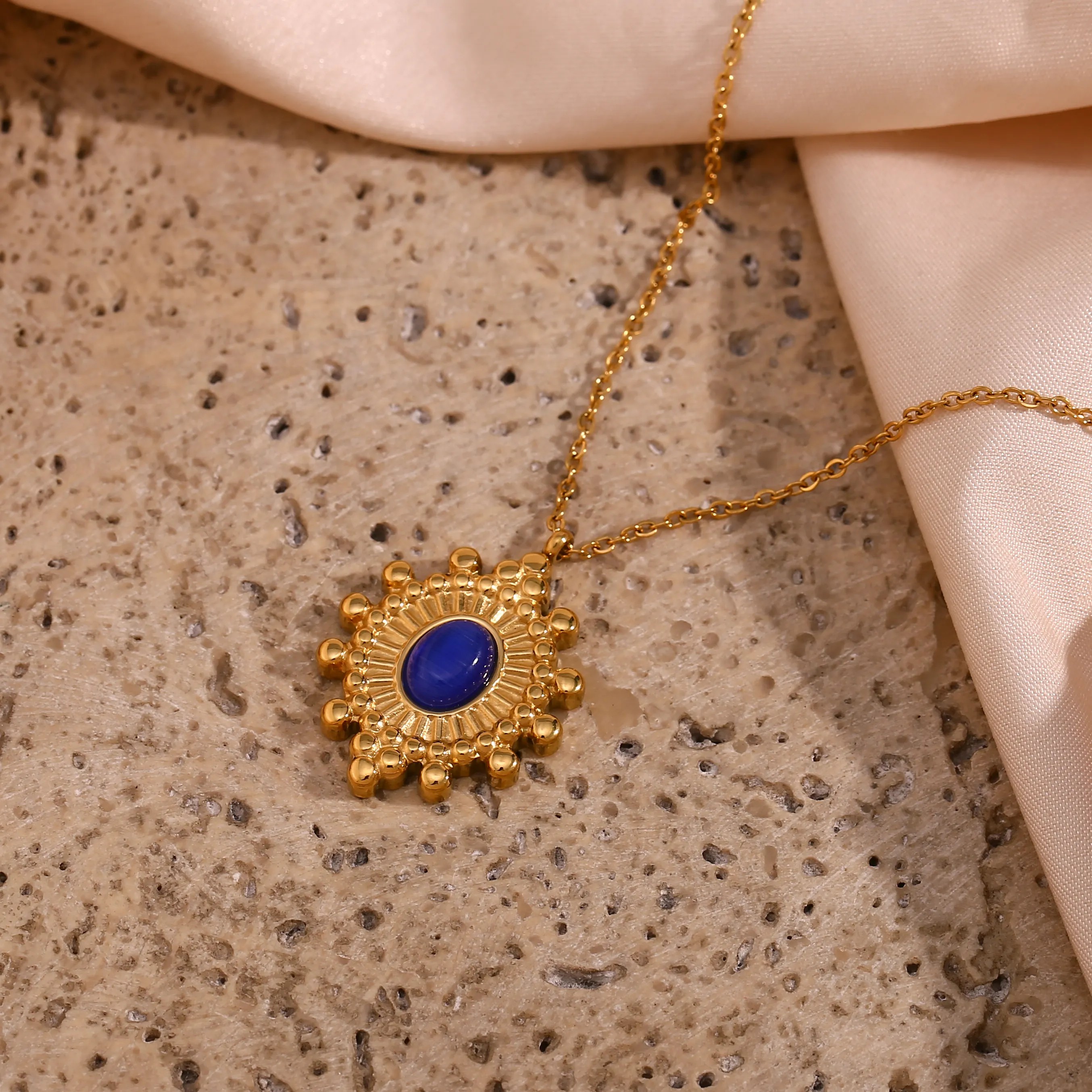 Vintage Style Oval Stainless Steel Plating Inlay Natural Stone 18K Gold Plated Pendant Necklace_colorza_10