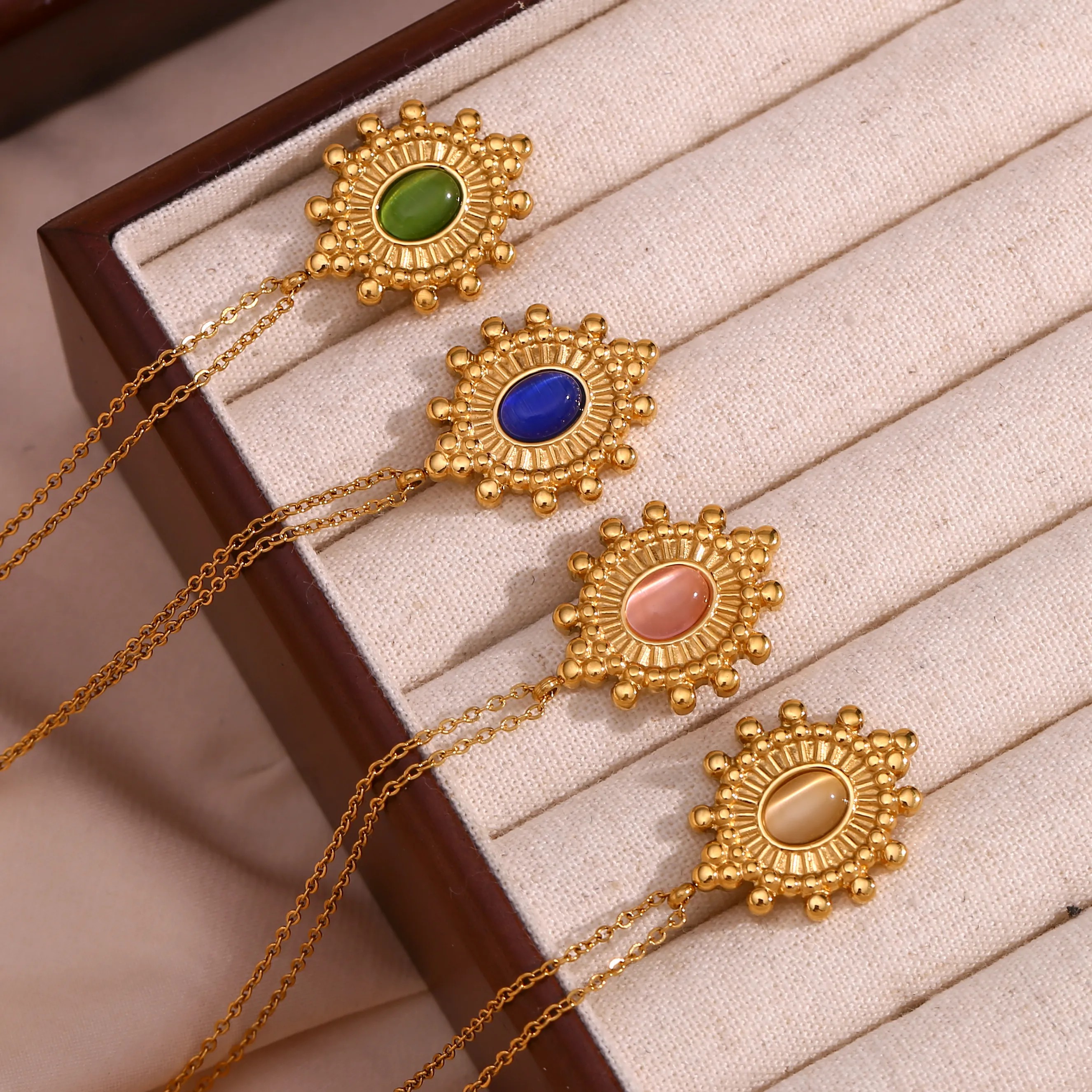 Vintage Style Oval Stainless Steel Plating Inlay Natural Stone 18K Gold Plated Pendant Necklace_colorza_11