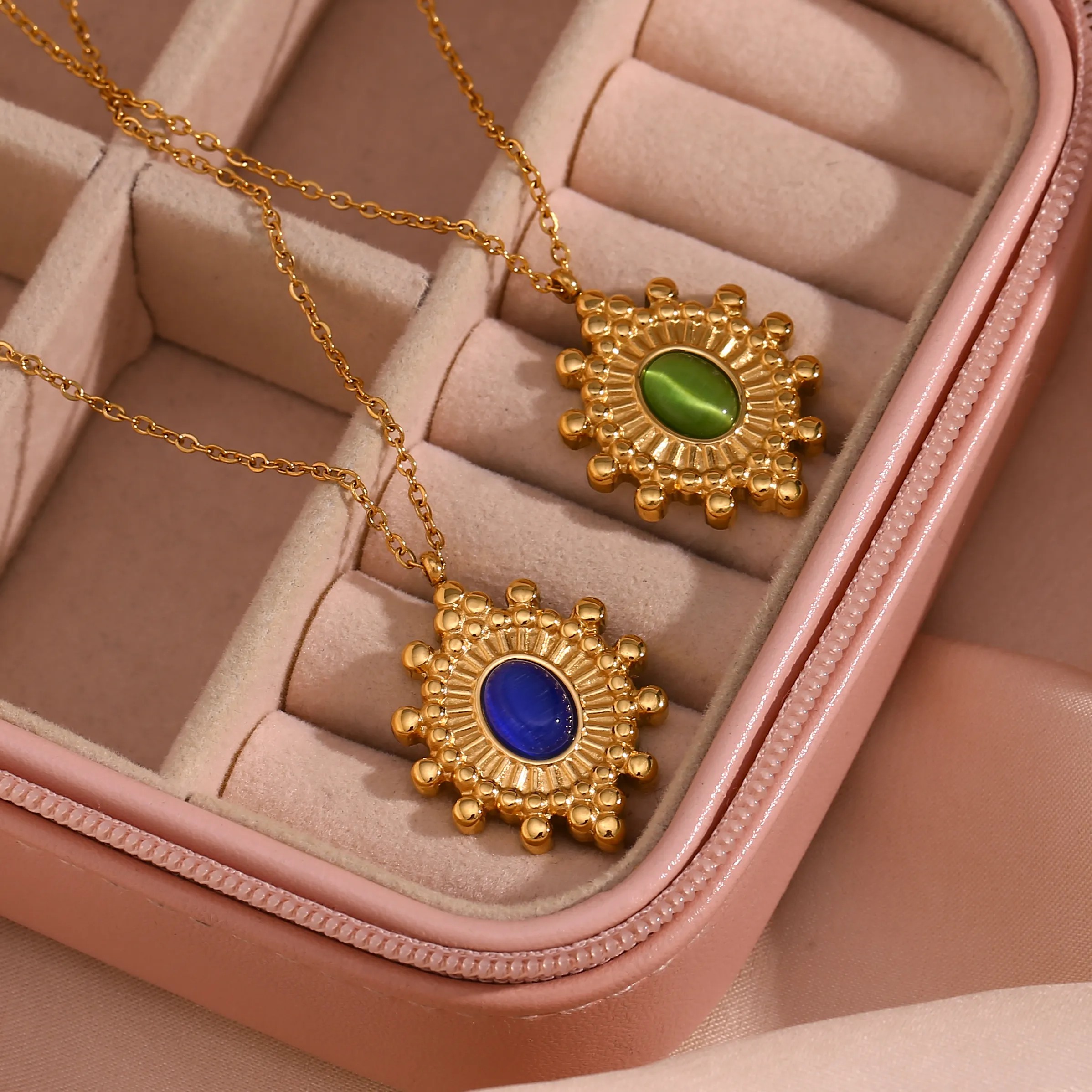 Vintage Style Oval Stainless Steel Plating Inlay Natural Stone 18K Gold Plated Pendant Necklace_colorza_12