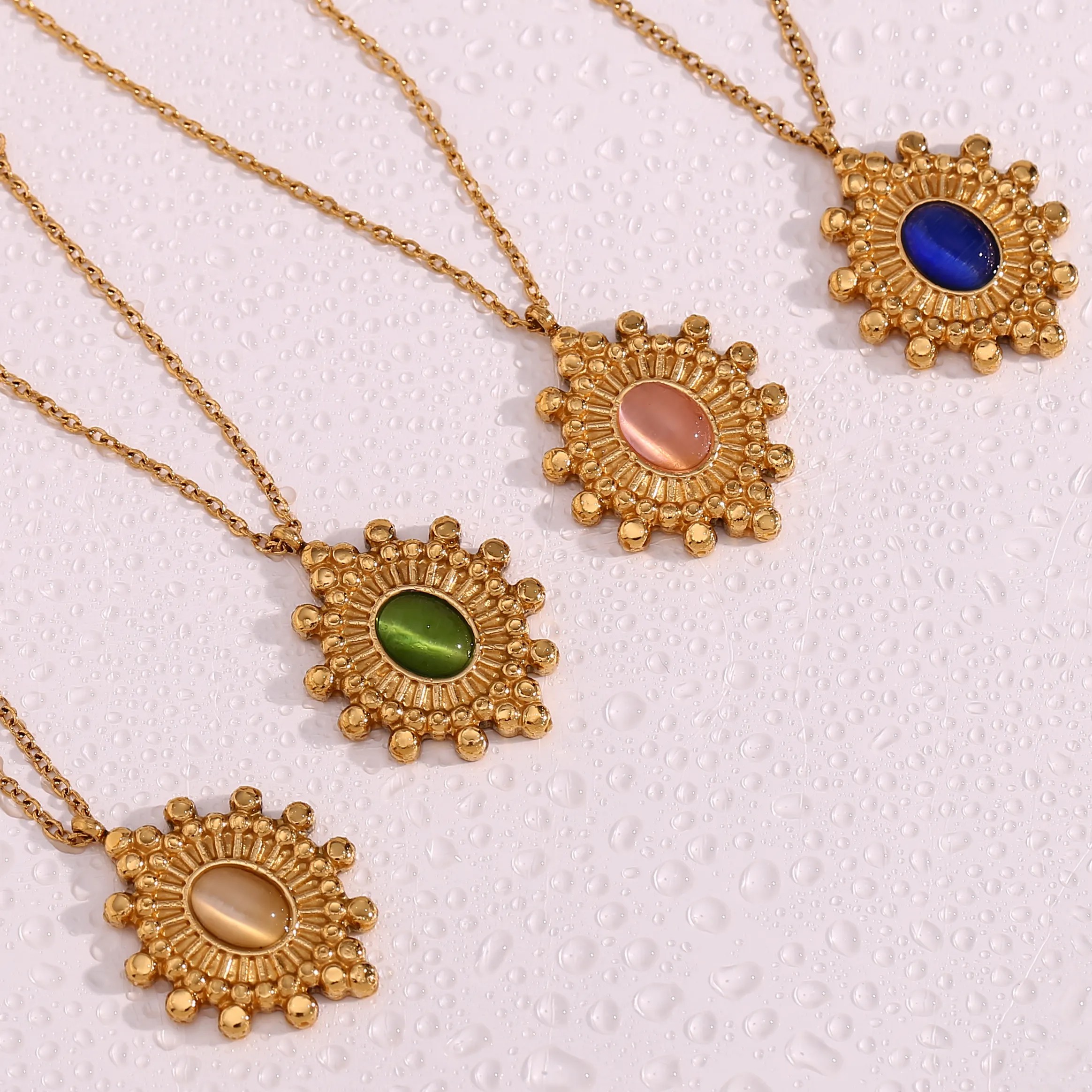 Vintage Style Oval Stainless Steel Plating Inlay Natural Stone 18K Gold Plated Pendant Necklace_colorza_13