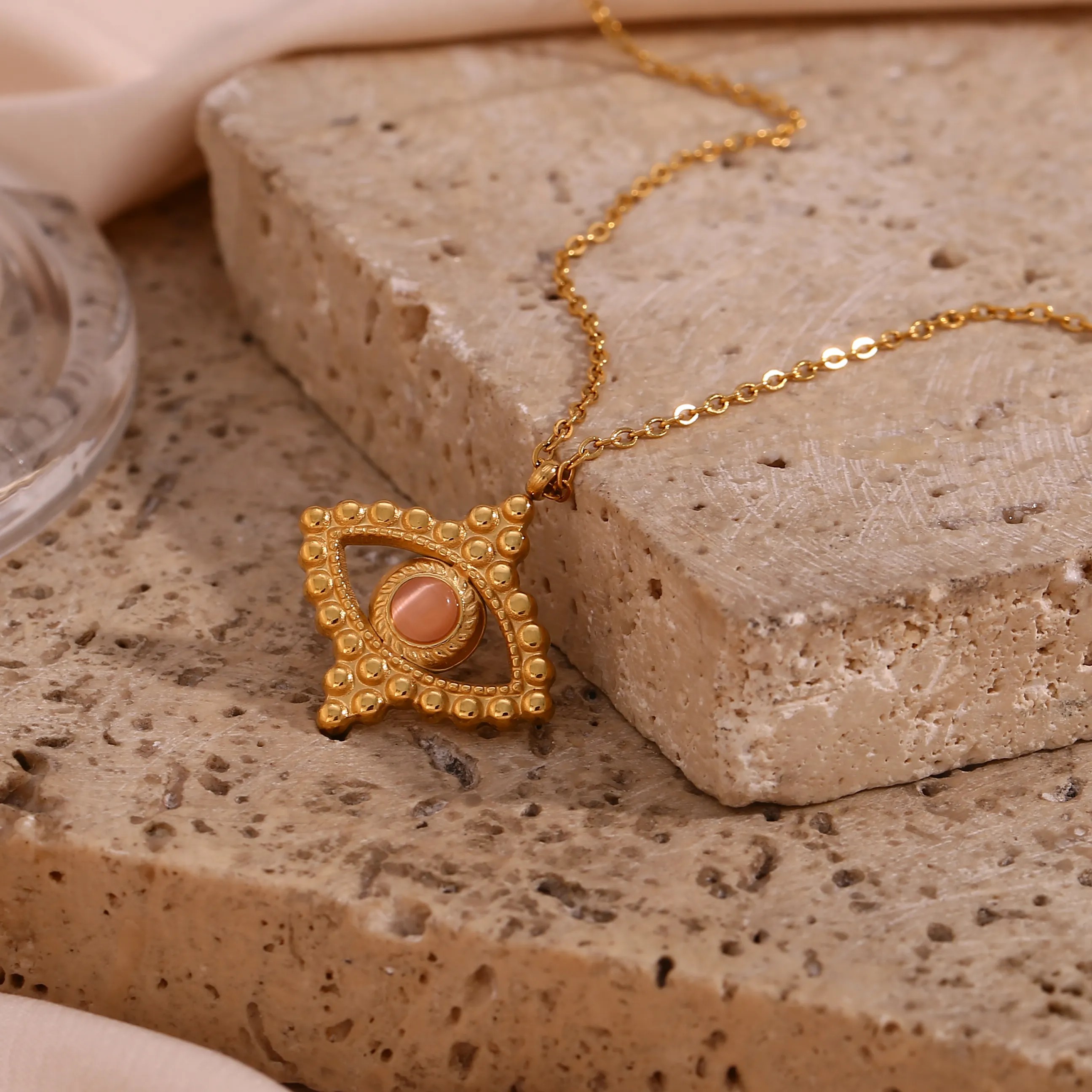 Vintage Style Eye Stainless Steel Plating Inlay Natural Stone 18K Gold Plated Pendant Necklace_colorza_8