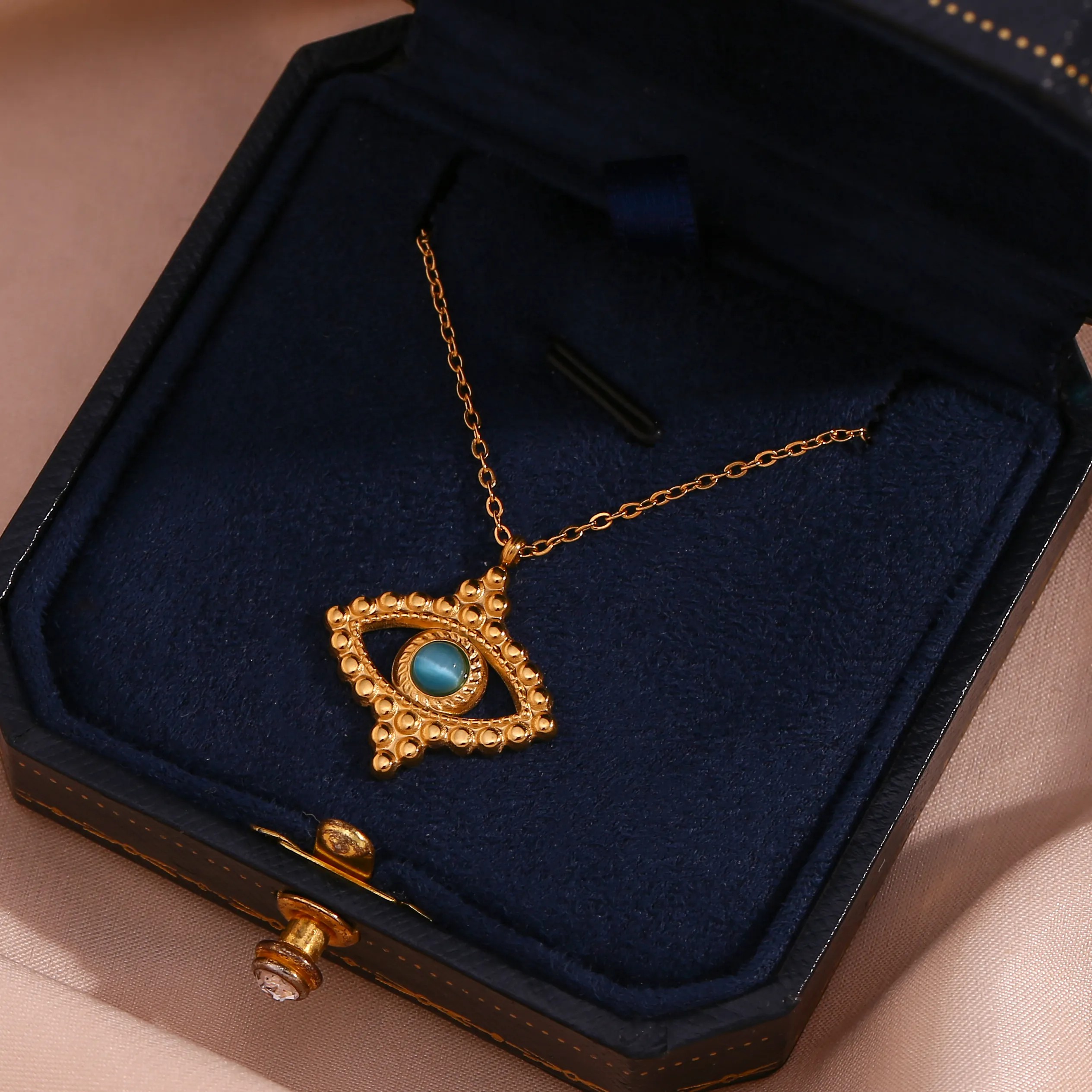 Vintage Style Eye Stainless Steel Plating Inlay Natural Stone 18K Gold Plated Pendant Necklace_colorza_10