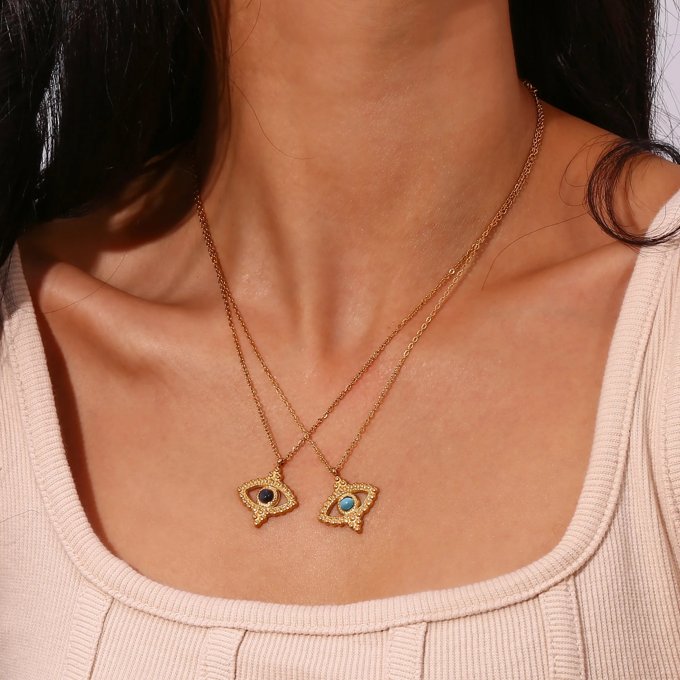 Vintage Style Eye Stainless Steel Plating Inlay Natural Stone 18K Gold Plated Pendant Necklace_colorza_13