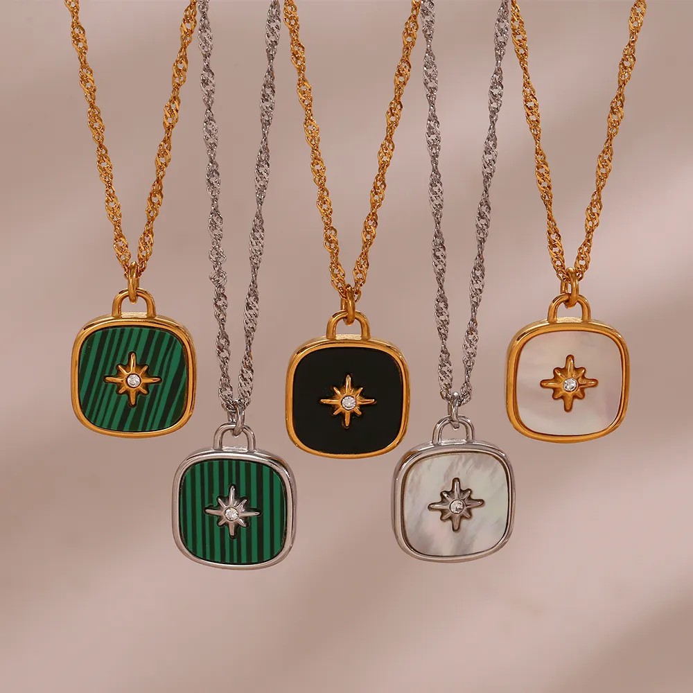 Vintage Style Square Star Stainless Steel Plating Inlay Shell 18K Gold Plated Pendant Necklace_colorza_1