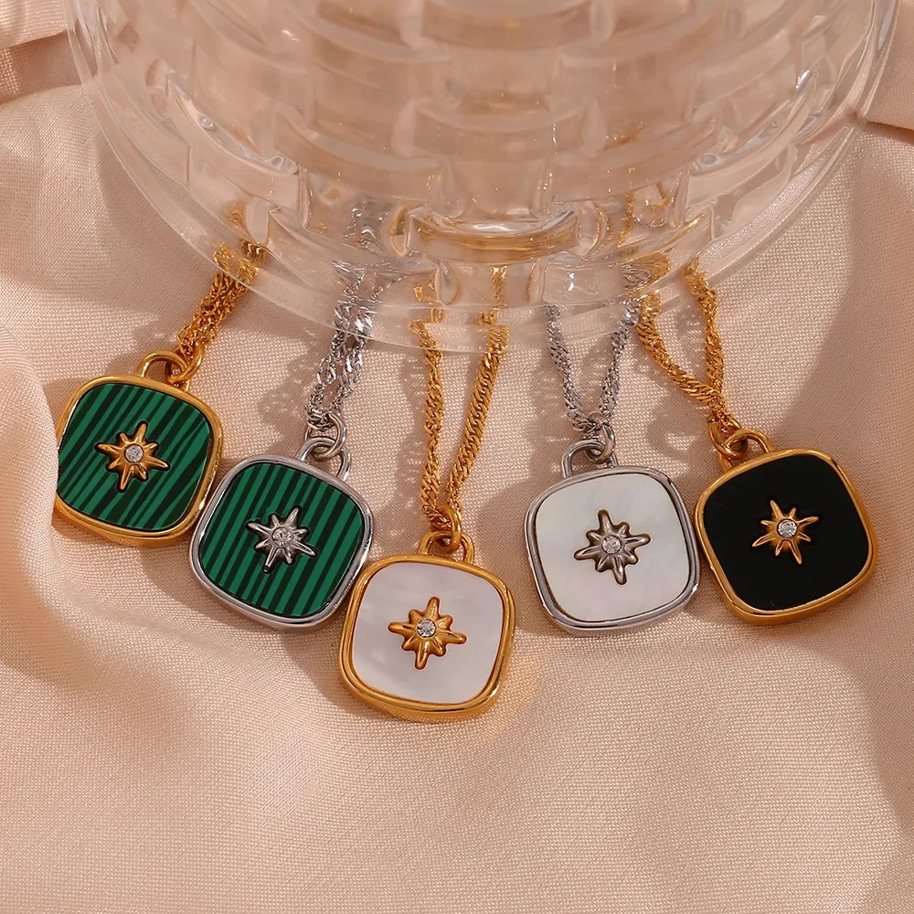 Vintage Style Square Star Stainless Steel Plating Inlay Shell 18K Gold Plated Pendant Necklace_colorza_3