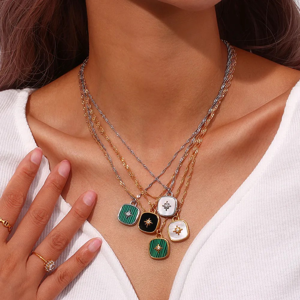Vintage Style Square Star Stainless Steel Plating Inlay Shell 18K Gold Plated Pendant Necklace_colorza_4