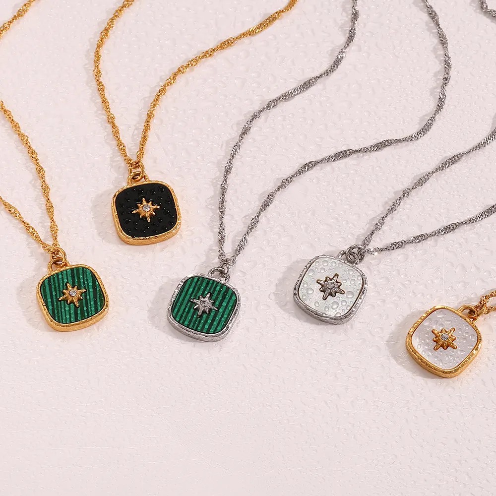 Vintage Style Square Star Stainless Steel Plating Inlay Shell 18K Gold Plated Pendant Necklace_colorza_5