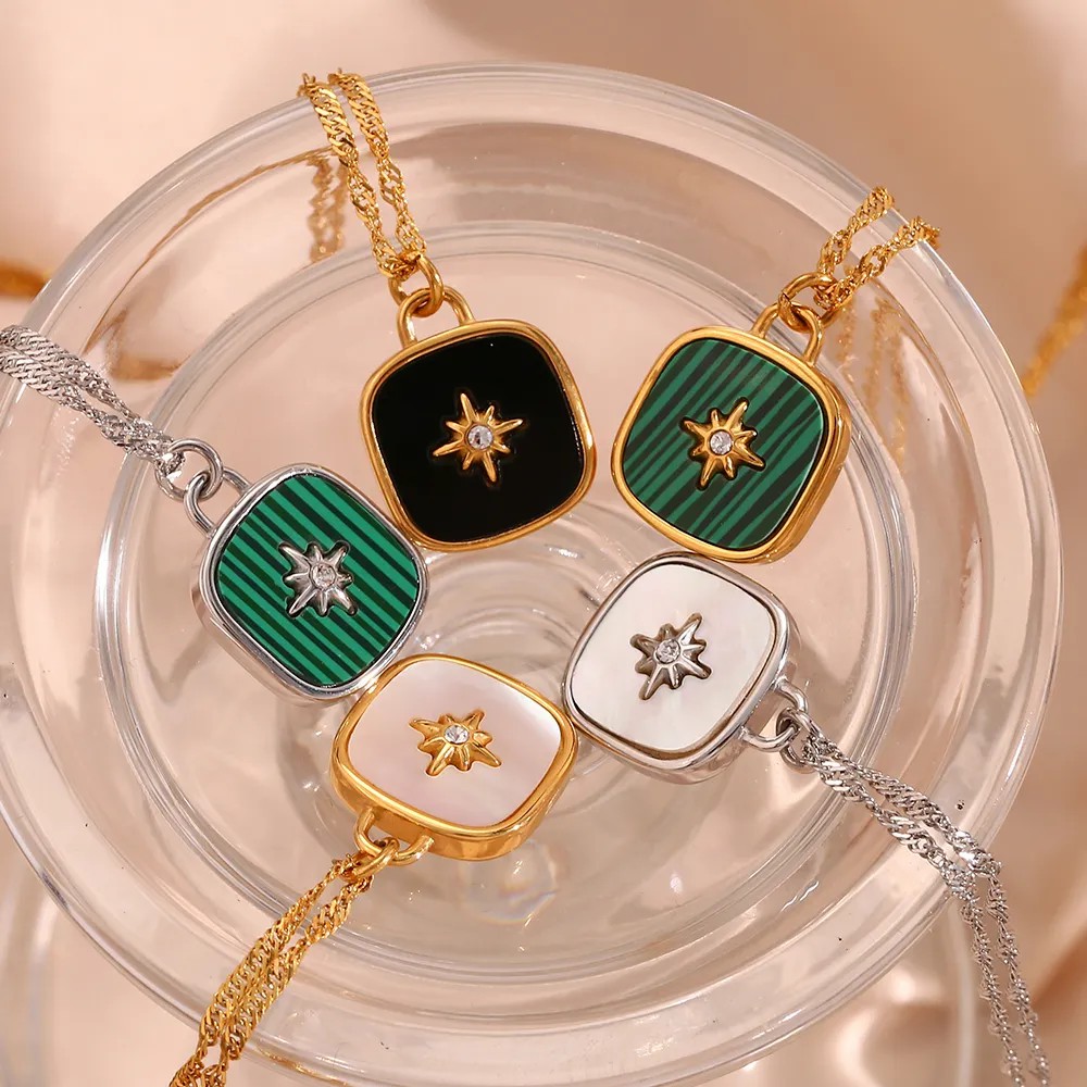 Vintage Style Square Star Stainless Steel Plating Inlay Shell 18K Gold Plated Pendant Necklace_colorza_6