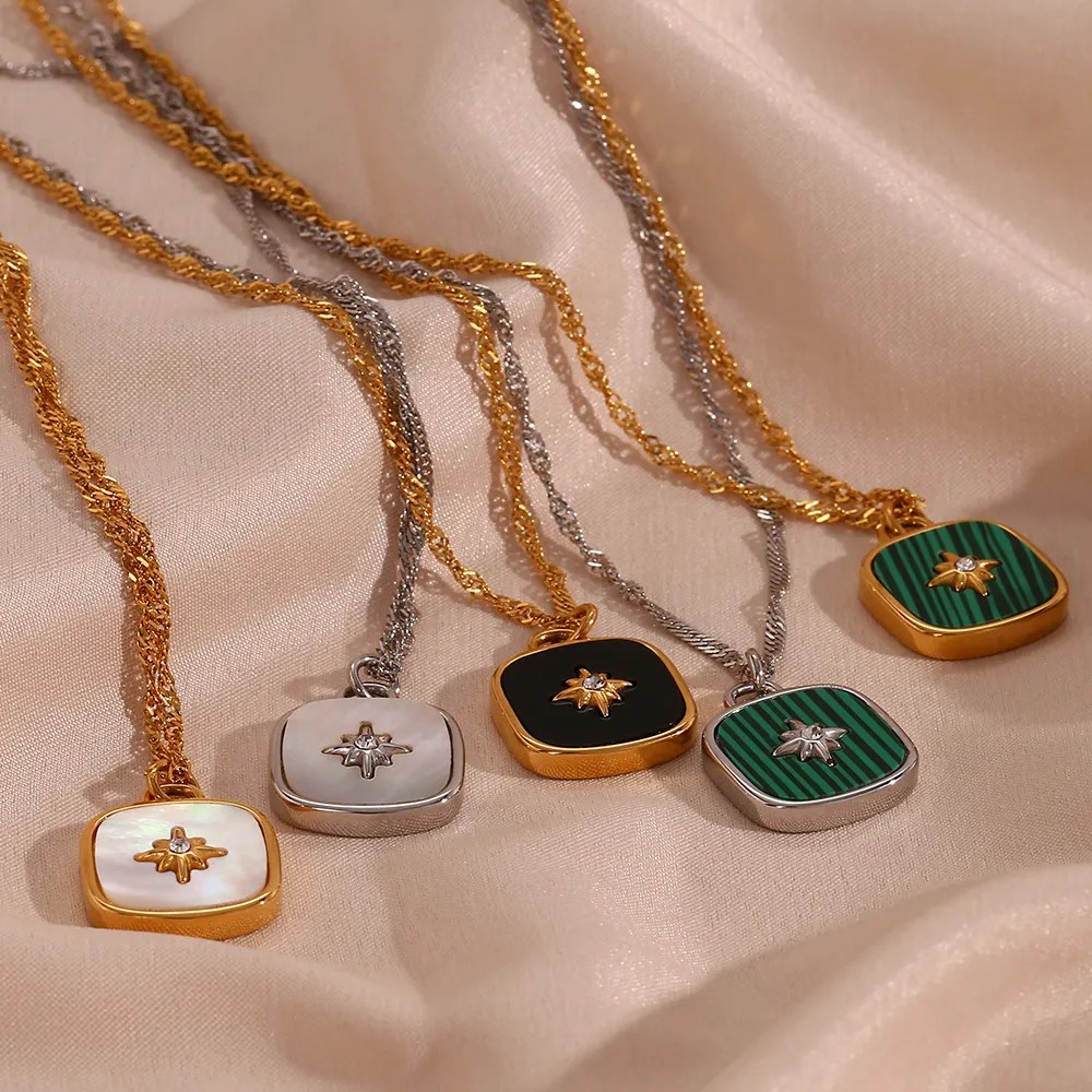 Vintage Style Square Star Stainless Steel Plating Inlay Shell 18K Gold Plated Pendant Necklace_colorza_7