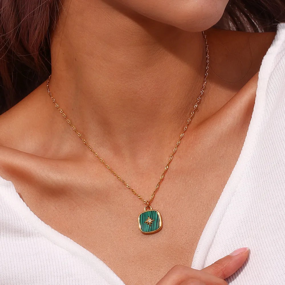 Vintage Style Square Star Stainless Steel Plating Inlay Shell 18K Gold Plated Pendant Necklace_colorza_8
