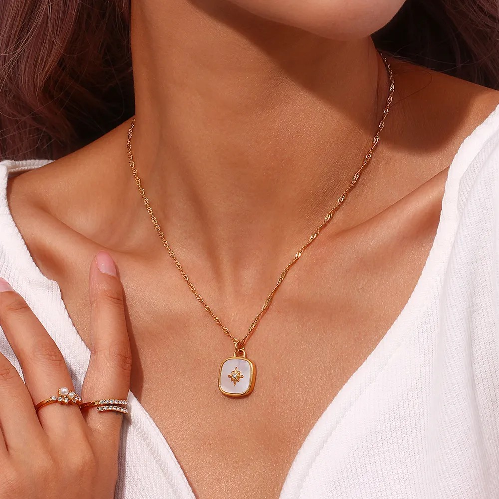 Vintage Style Square Star Stainless Steel Plating Inlay Shell 18K Gold Plated Pendant Necklace_colorza_9