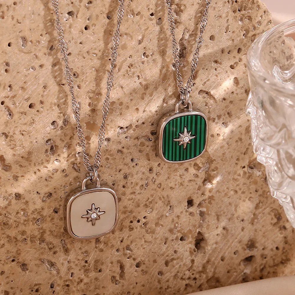Vintage Style Square Star Stainless Steel Plating Inlay Shell 18K Gold Plated Pendant Necklace_colorza_10