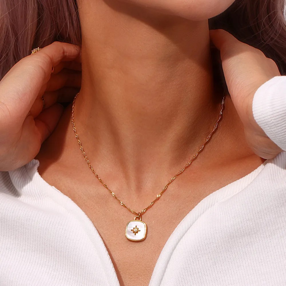 Vintage Style Square Star Stainless Steel Plating Inlay Shell 18K Gold Plated Pendant Necklace_colorza_11