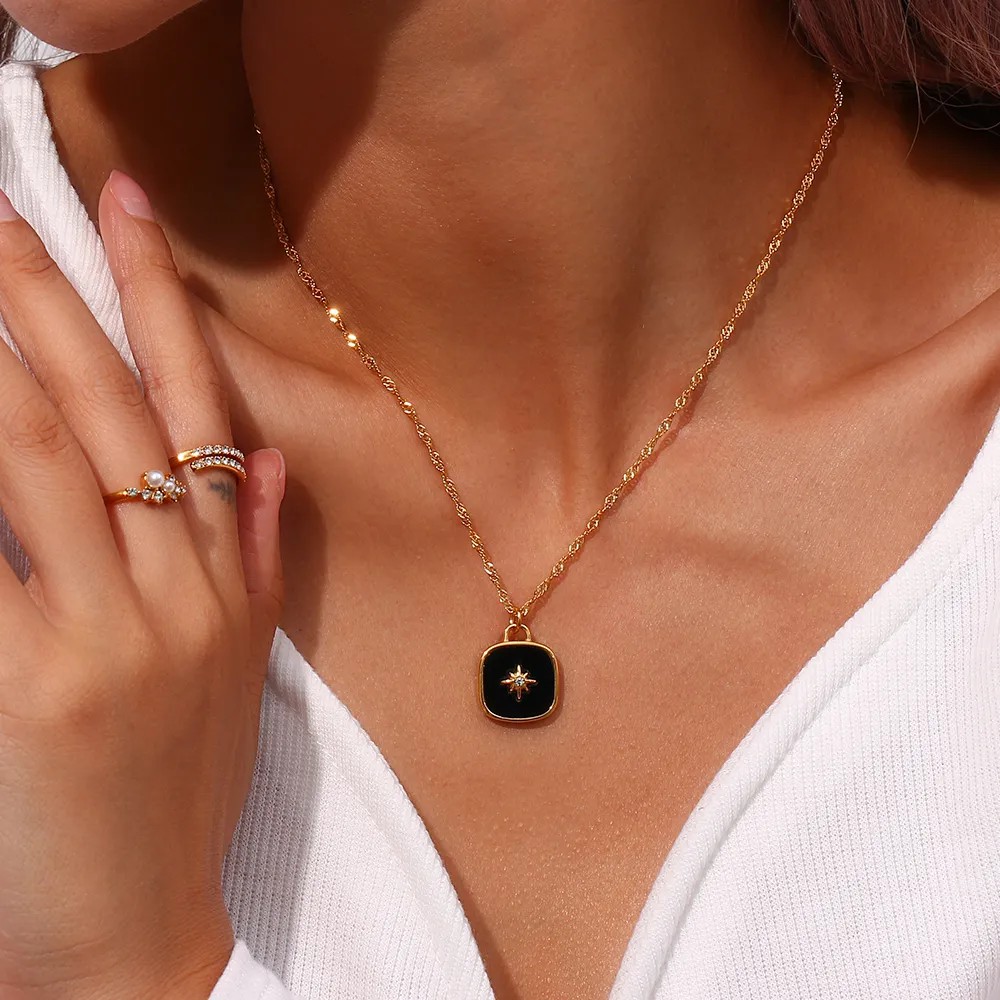 Vintage Style Square Star Stainless Steel Plating Inlay Shell 18K Gold Plated Pendant Necklace_colorza_13