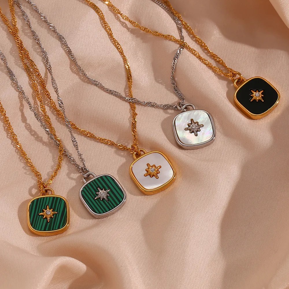 Vintage Style Square Star Stainless Steel Plating Inlay Shell 18K Gold Plated Pendant Necklace_colorza_15