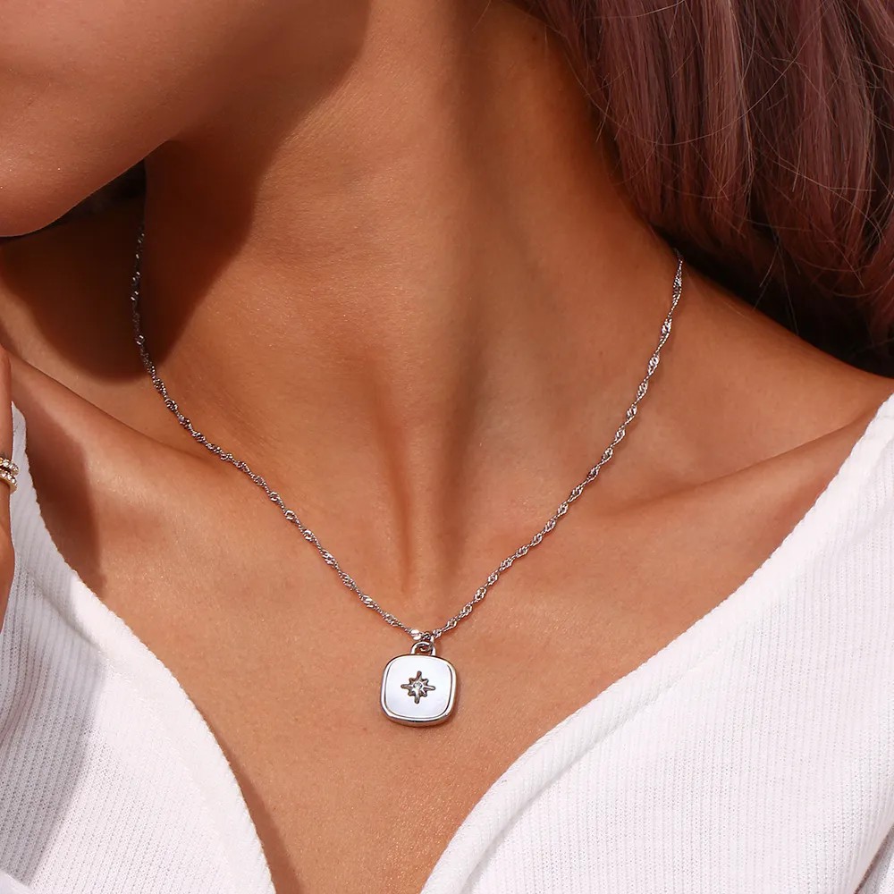 Vintage Style Square Star Stainless Steel Plating Inlay Shell 18K Gold Plated Pendant Necklace_colorza_16