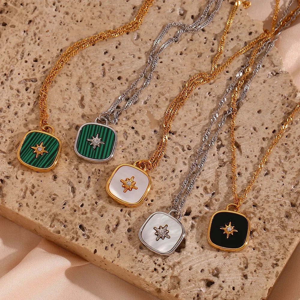 Vintage Style Square Star Stainless Steel Plating Inlay Shell 18K Gold Plated Pendant Necklace_colorza_17