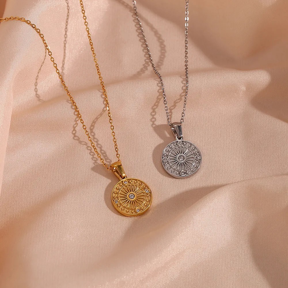 Vintage Style Round Stainless Steel Plating Inlay Rhinestones 18K Gold Plated Pendant Necklace_colorza_1