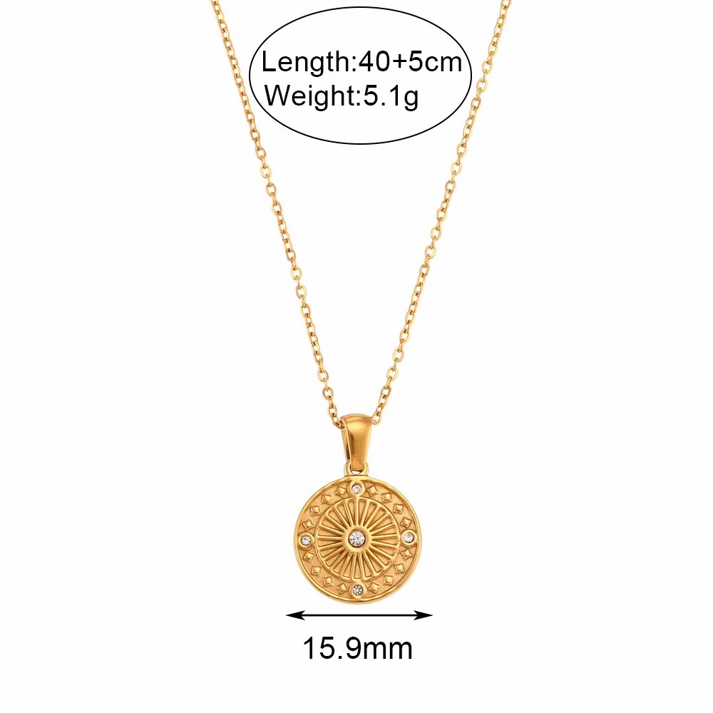Vintage Style Round Stainless Steel Plating Inlay Rhinestones 18K Gold Plated Pendant Necklace_colorza_2