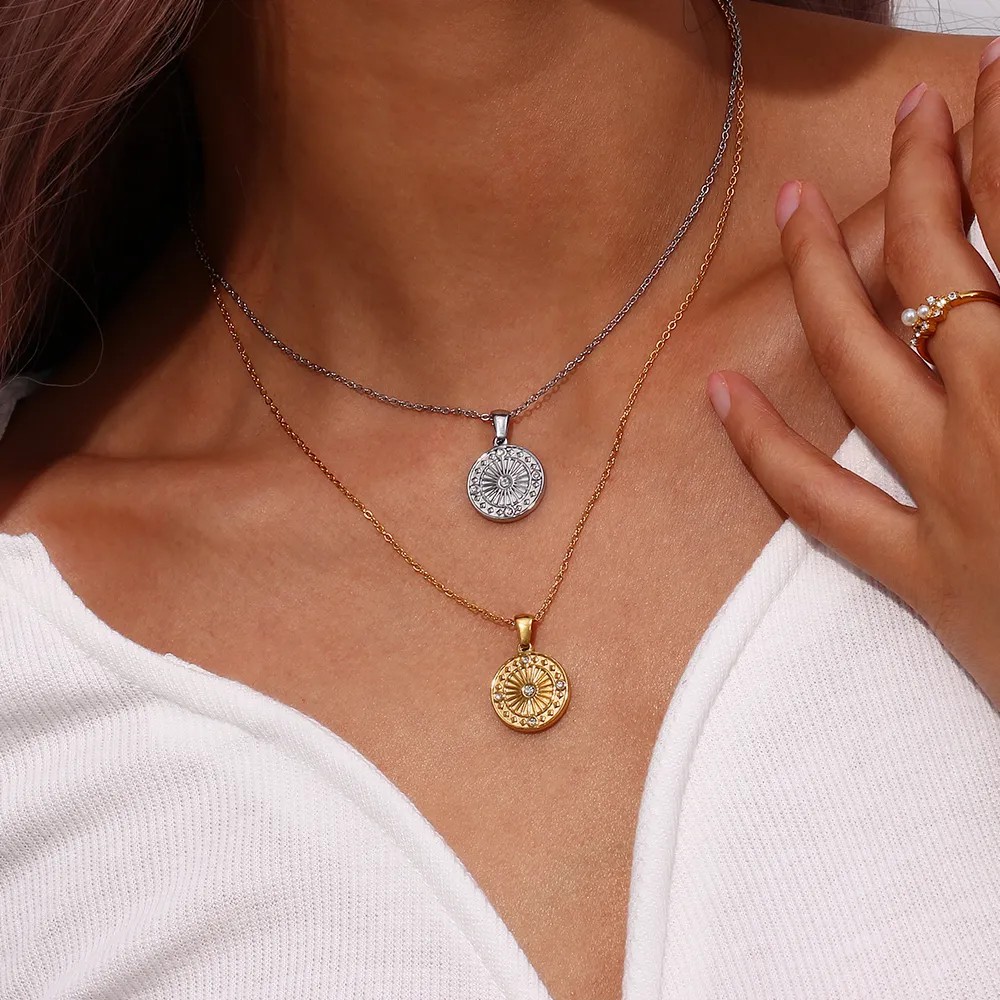 Vintage Style Round Stainless Steel Plating Inlay Rhinestones 18K Gold Plated Pendant Necklace_colorza_3
