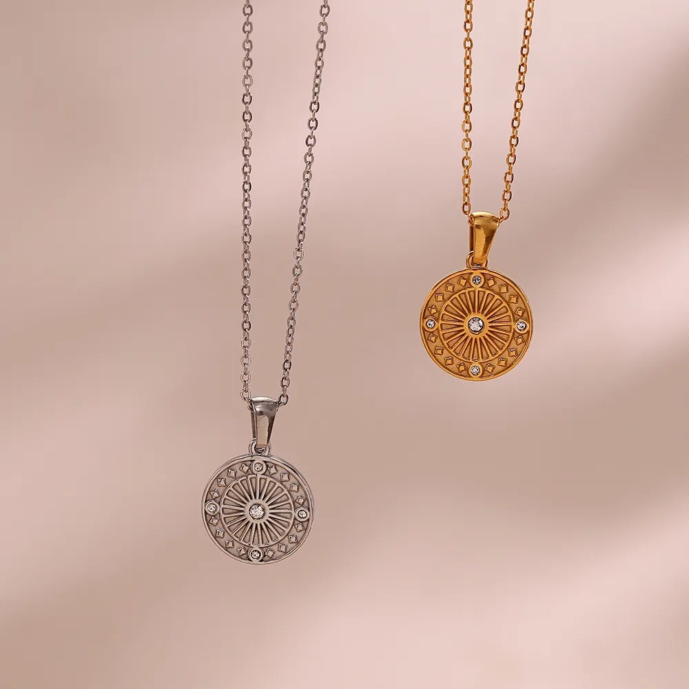 Vintage Style Round Stainless Steel Plating Inlay Rhinestones 18K Gold Plated Pendant Necklace_colorza_5