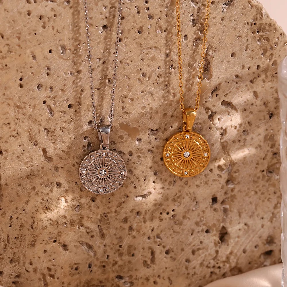 Vintage Style Round Stainless Steel Plating Inlay Rhinestones 18K Gold Plated Pendant Necklace_colorza_7