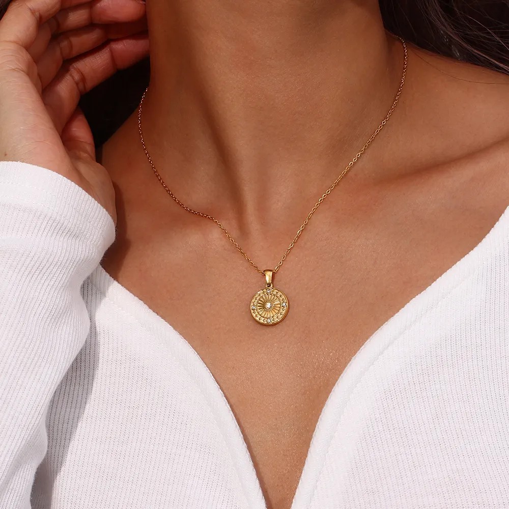 Vintage Style Round Stainless Steel Plating Inlay Rhinestones 18K Gold Plated Pendant Necklace_colorza_8