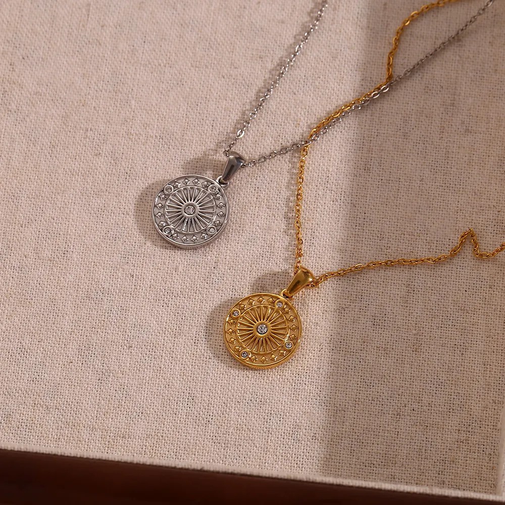 Vintage Style Round Stainless Steel Plating Inlay Rhinestones 18K Gold Plated Pendant Necklace_colorza_9