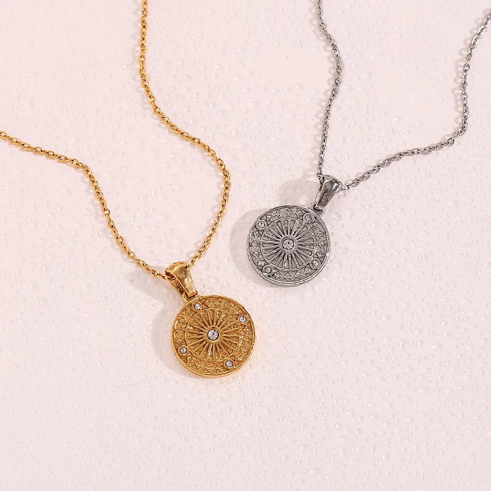 Vintage Style Round Stainless Steel Plating Inlay Rhinestones 18K Gold Plated Pendant Necklace_colorza_10