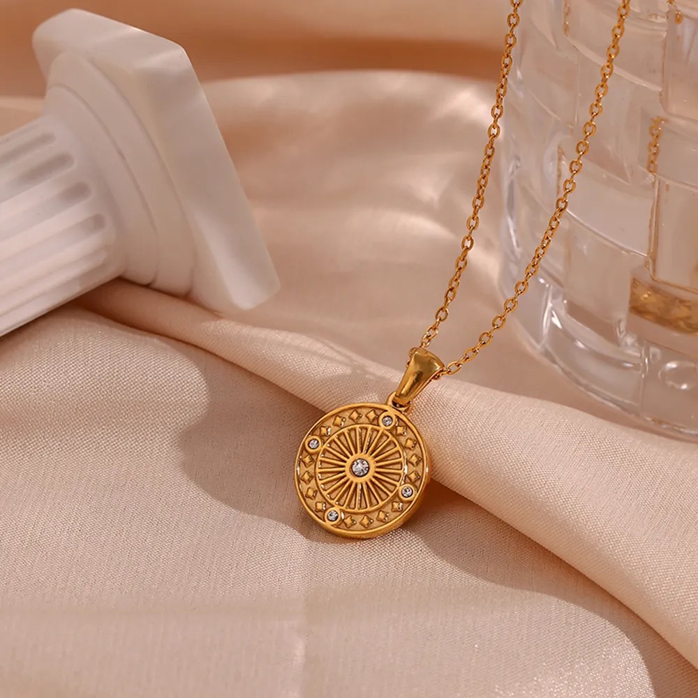 Vintage Style Round Stainless Steel Plating Inlay Rhinestones 18K Gold Plated Pendant Necklace_colorza_13