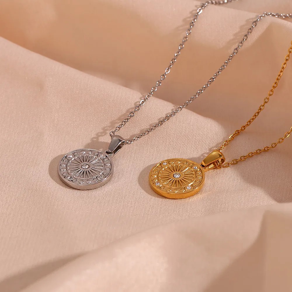 Vintage Style Round Stainless Steel Plating Inlay Rhinestones 18K Gold Plated Pendant Necklace_colorza_14