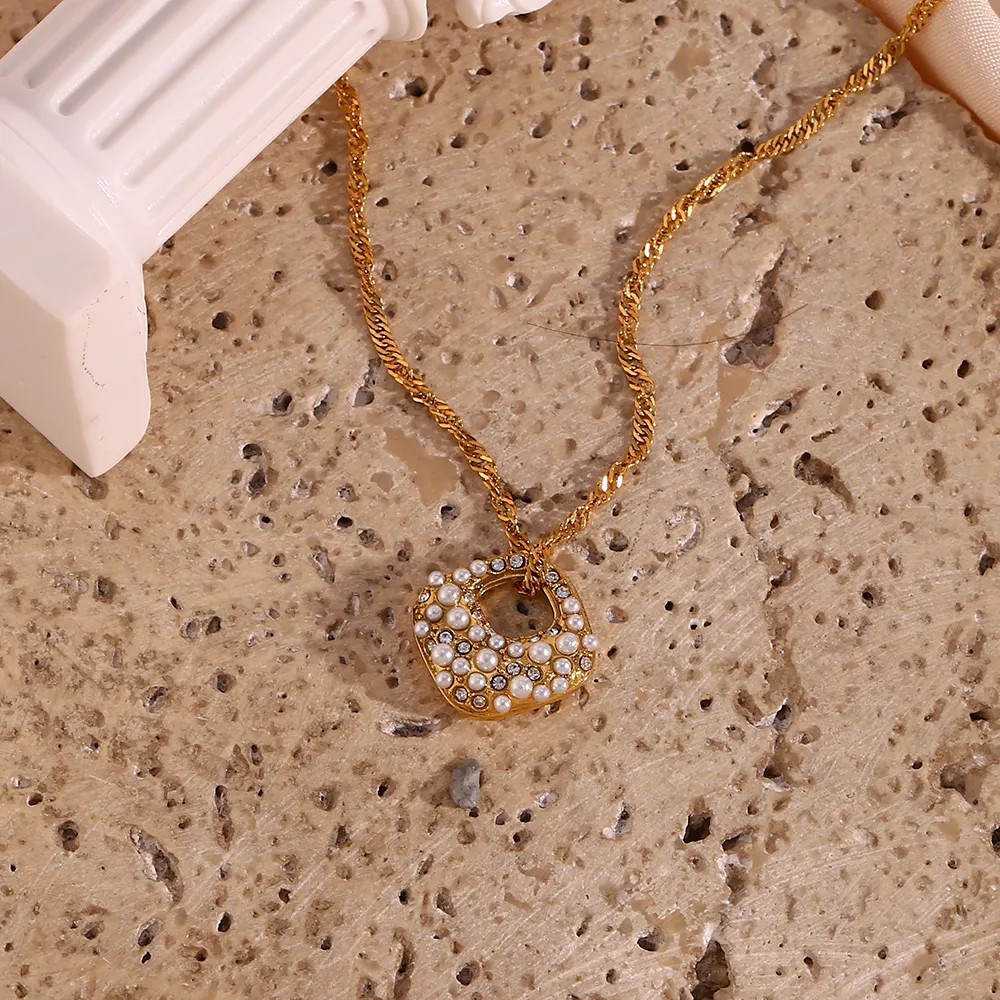 Elegant Irregular Stainless Steel Plating Inlay Rhinestones Pearl Pendant Necklace_colorza_1