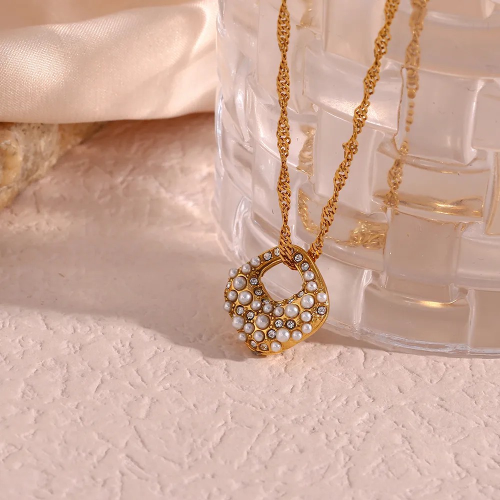 Elegant Irregular Stainless Steel Plating Inlay Rhinestones Pearl Pendant Necklace_colorza_3