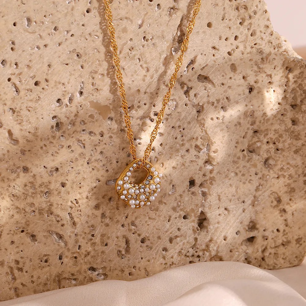 Elegant Irregular Stainless Steel Plating Inlay Rhinestones Pearl Pendant Necklace_colorza_5