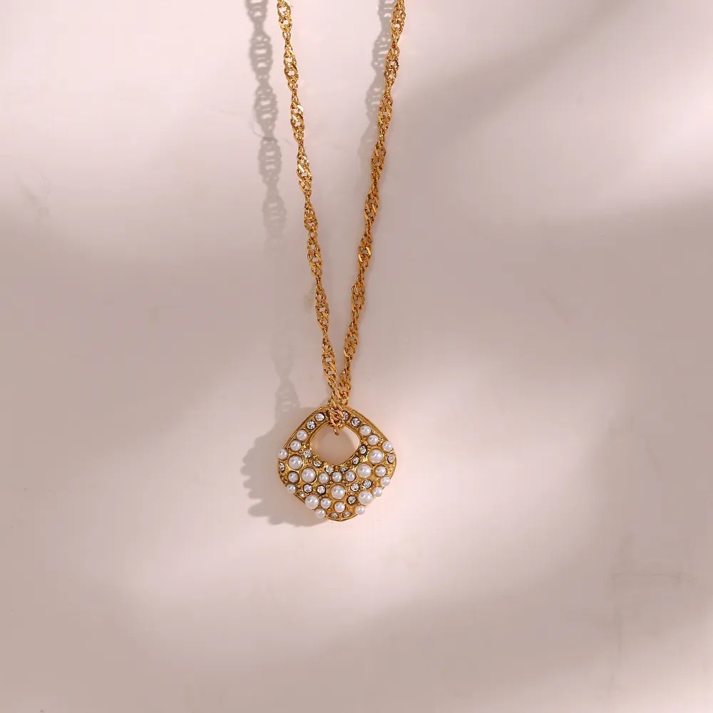 Elegant Irregular Stainless Steel Plating Inlay Rhinestones Pearl Pendant Necklace_colorza_6