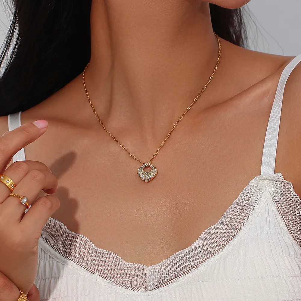 Elegant Irregular Stainless Steel Plating Inlay Rhinestones Pearl Pendant Necklace_colorza_8