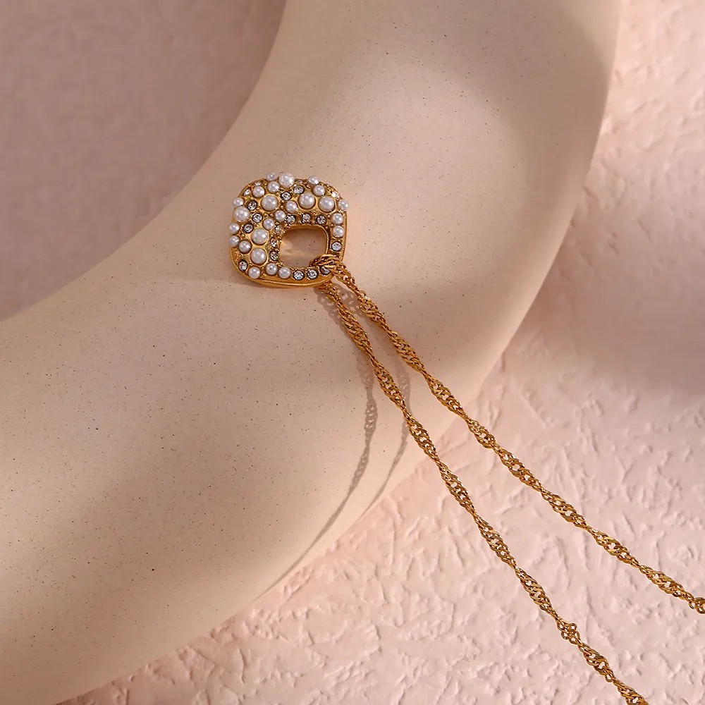 Elegant Irregular Stainless Steel Plating Inlay Rhinestones Pearl Pendant Necklace_colorza_10