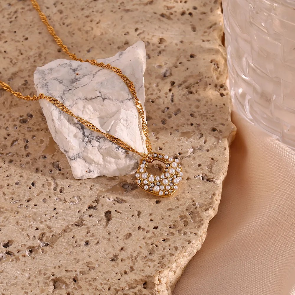 Elegant Irregular Stainless Steel Plating Inlay Rhinestones Pearl Pendant Necklace_colorza_13