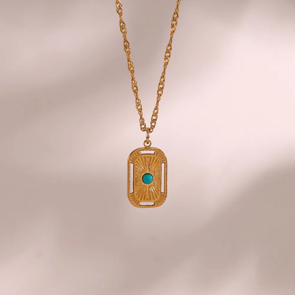 Vintage Style Square Stainless Steel Plating Inlay Natural Stone 18K Gold Plated Pendant Necklace_colorza_1