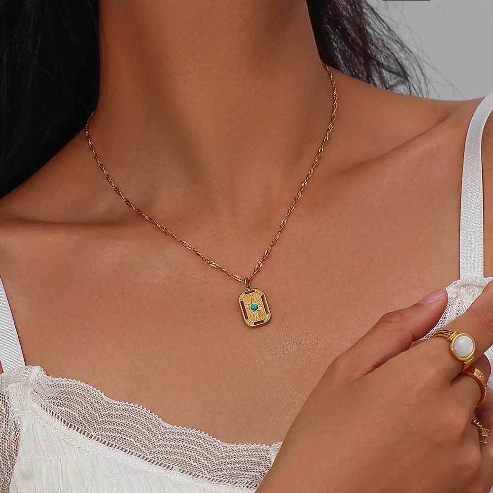 Vintage Style Square Stainless Steel Plating Inlay Natural Stone 18K Gold Plated Pendant Necklace_colorza_4
