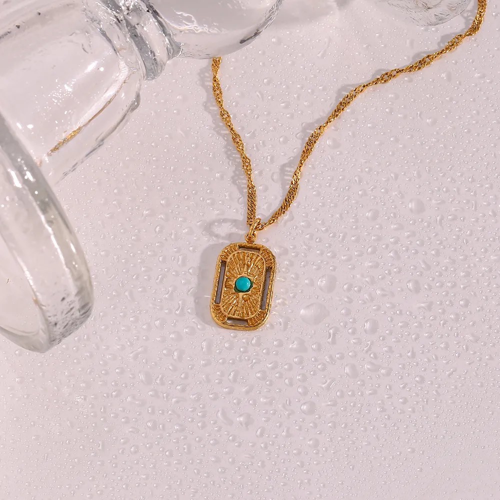Vintage Style Square Stainless Steel Plating Inlay Natural Stone 18K Gold Plated Pendant Necklace_colorza_5