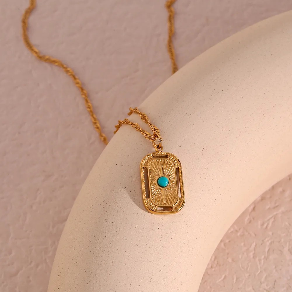 Vintage Style Square Stainless Steel Plating Inlay Natural Stone 18K Gold Plated Pendant Necklace_colorza_7