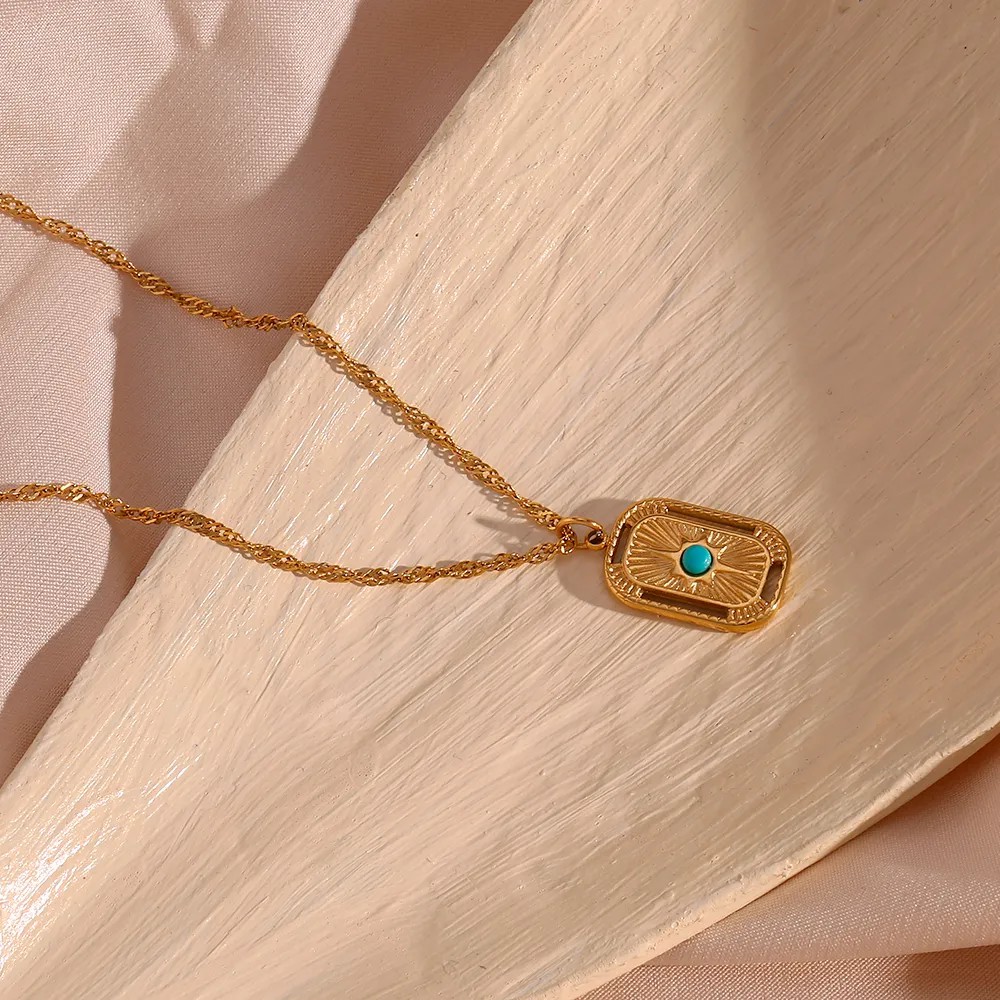 Vintage Style Square Stainless Steel Plating Inlay Natural Stone 18K Gold Plated Pendant Necklace_colorza_8