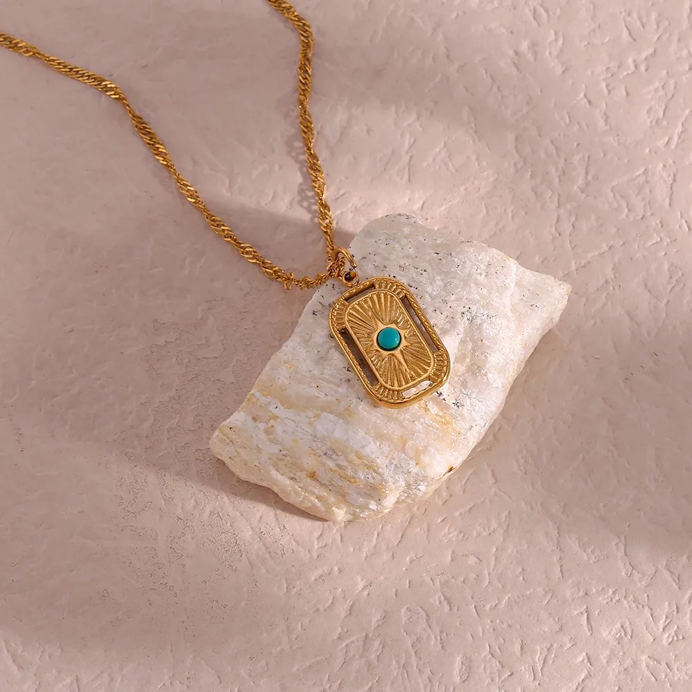 Vintage Style Square Stainless Steel Plating Inlay Natural Stone 18K Gold Plated Pendant Necklace_colorza_9