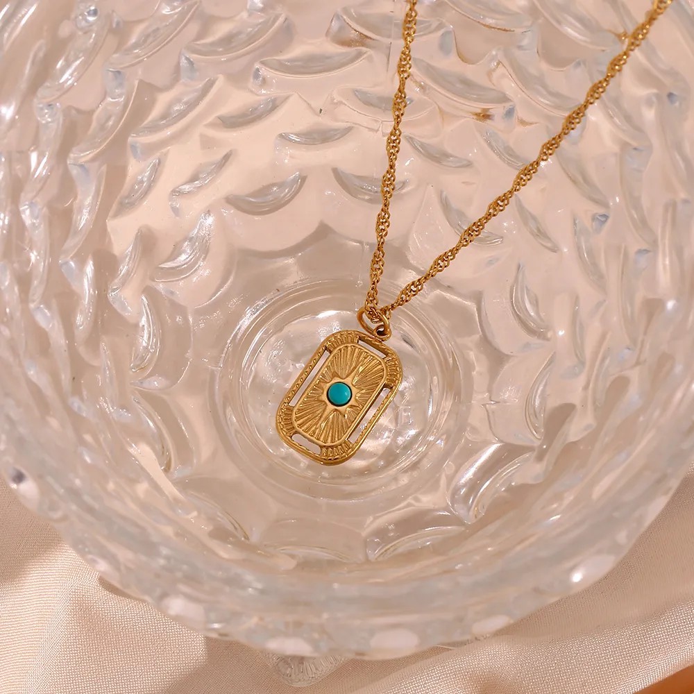 Vintage Style Square Stainless Steel Plating Inlay Natural Stone 18K Gold Plated Pendant Necklace_colorza_10
