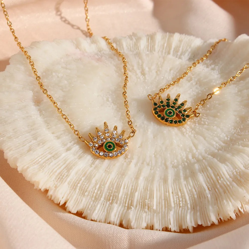 Vintage Style Shiny Devil'S Eye Stainless Steel Plating Inlay Rhinestones 18K Gold Plated Pendant Necklace_colorza_1